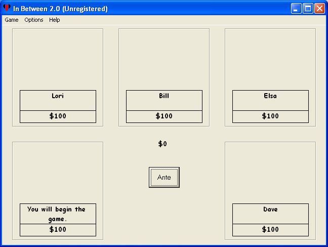 In Between 2 (Windows) screenshot: The start of a game sees the players with $100 each Unregistered version