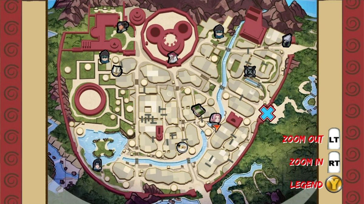 Naruto: Rise of a Ninja (Xbox 360) screenshot: Map view of Leaf Village