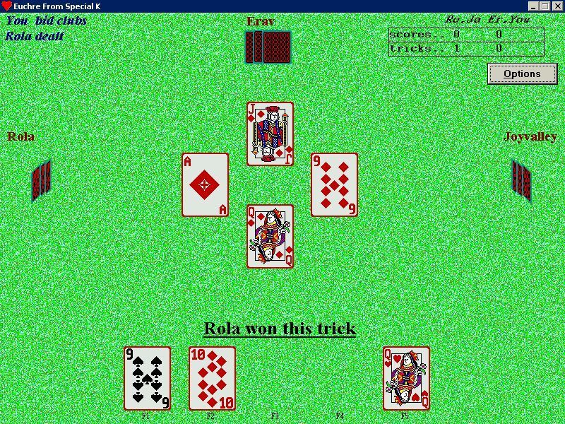 Euchre From Special K (Windows) screenshot: The winner of each trick is announced like this