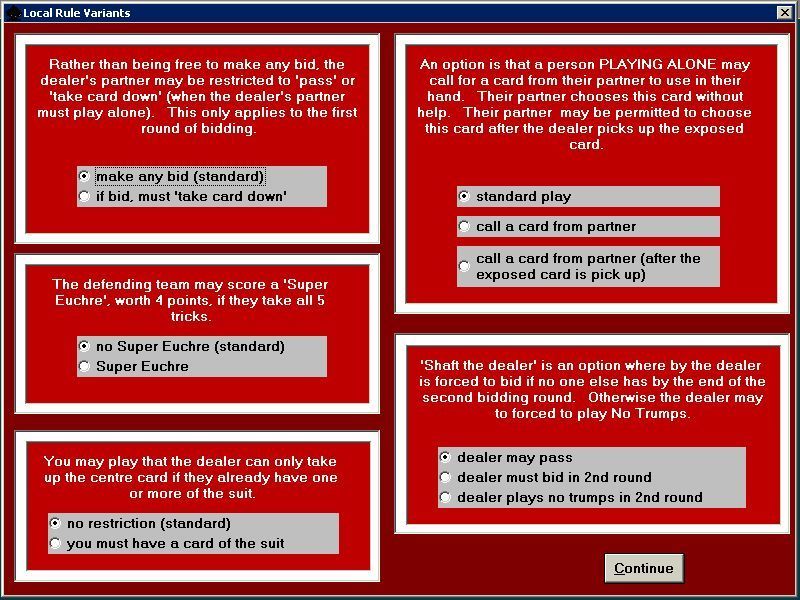 Euchre From Special K (Windows) screenshot: The second game configuration screen