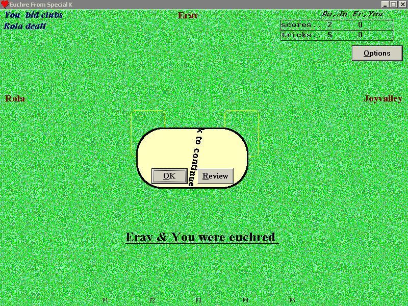 Euchre From Special K (Windows) screenshot: The end of the first round. The Review button brings up a sub menu of options which includes a review of the score card