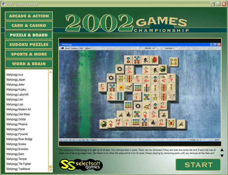 10,000 Games (Windows) screenshot: There are many Mahjongg puzzles to be solved