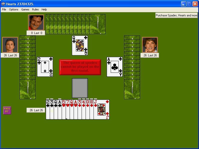 Funcrd Card Games (Windows) screenshot: A game of Hearts in progress. Scores are shown beside the player's picture and messages are placed in the red tile in the middle of the screen