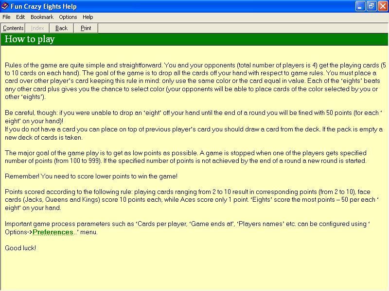 Fun Crazy Eights (Windows) screenshot: The help files open in a new window