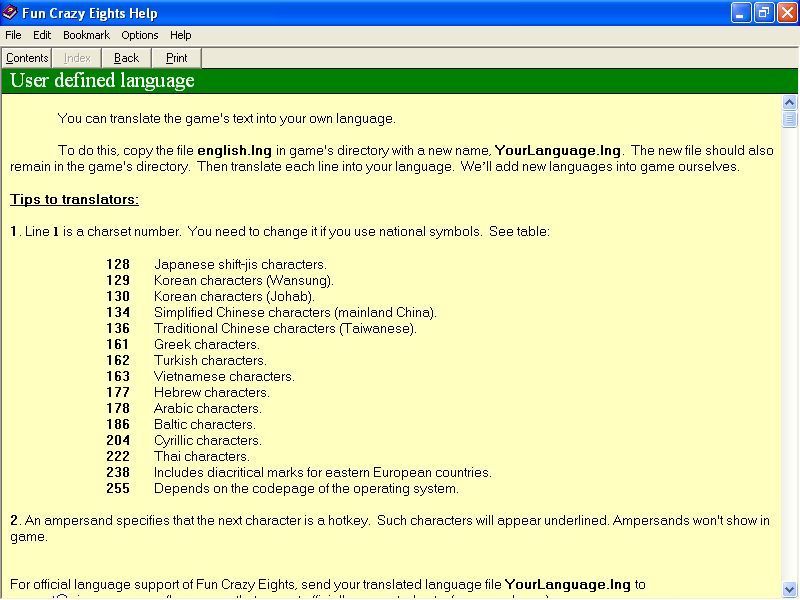 Fun Crazy Eights (Windows) screenshot: It is unusual for a help file to offer advice on translation.