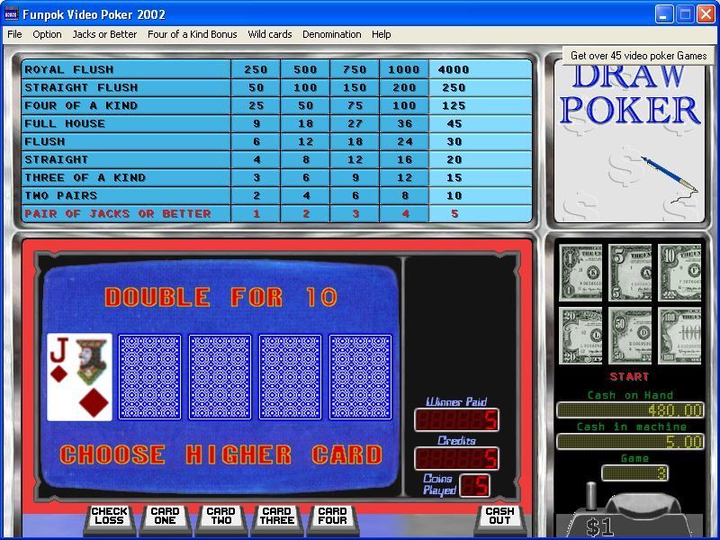 Funpok Video Poker (Windows) screenshot: The Double Up feature means that when a player wins they get to play this game. If they accept the challenge they draw one card and try to beat the exposed card. Version 7.0