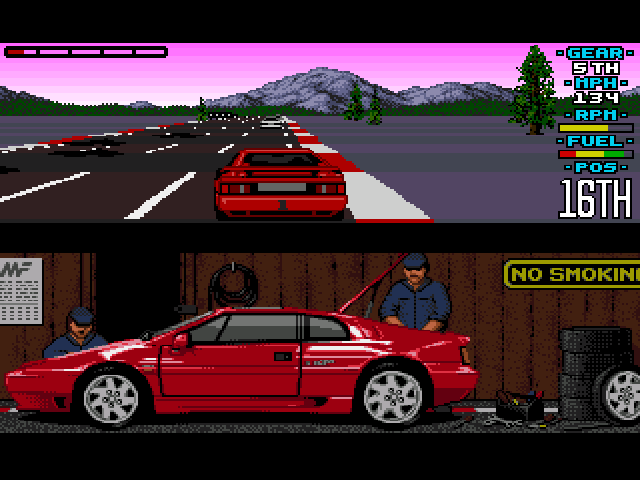 Lotus Esprit Turbo Challenge (Amiga) screenshot: Watch for the oil on the road