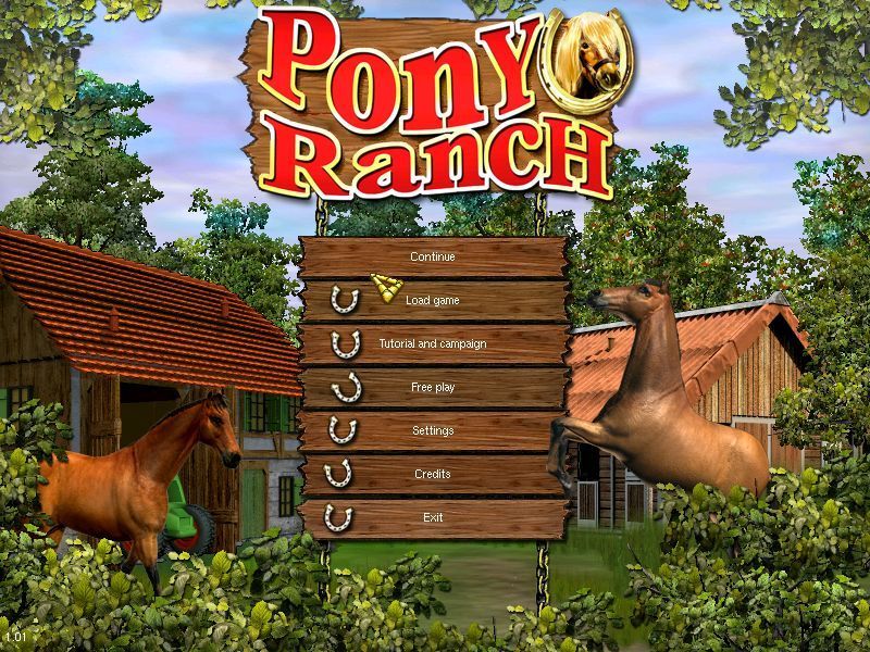 Pony Ranch (Windows) screenshot: The game's main menu. There are two modes of play, the campaign and free play.