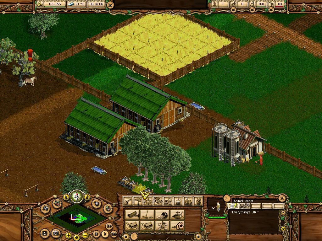 Pony Ranch (Windows) screenshot: Placing feeding devices is not enough. The player needs an anilam keeper who will fill them up. He in turn will need a farm that grows fruit and grain. The farm in turn will need ...... and so it goes