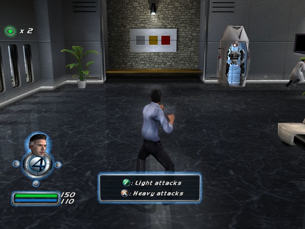 Fantastic 4 (Windows) screenshot: Opening the door has alerted the security robots. These early ones are not so tough