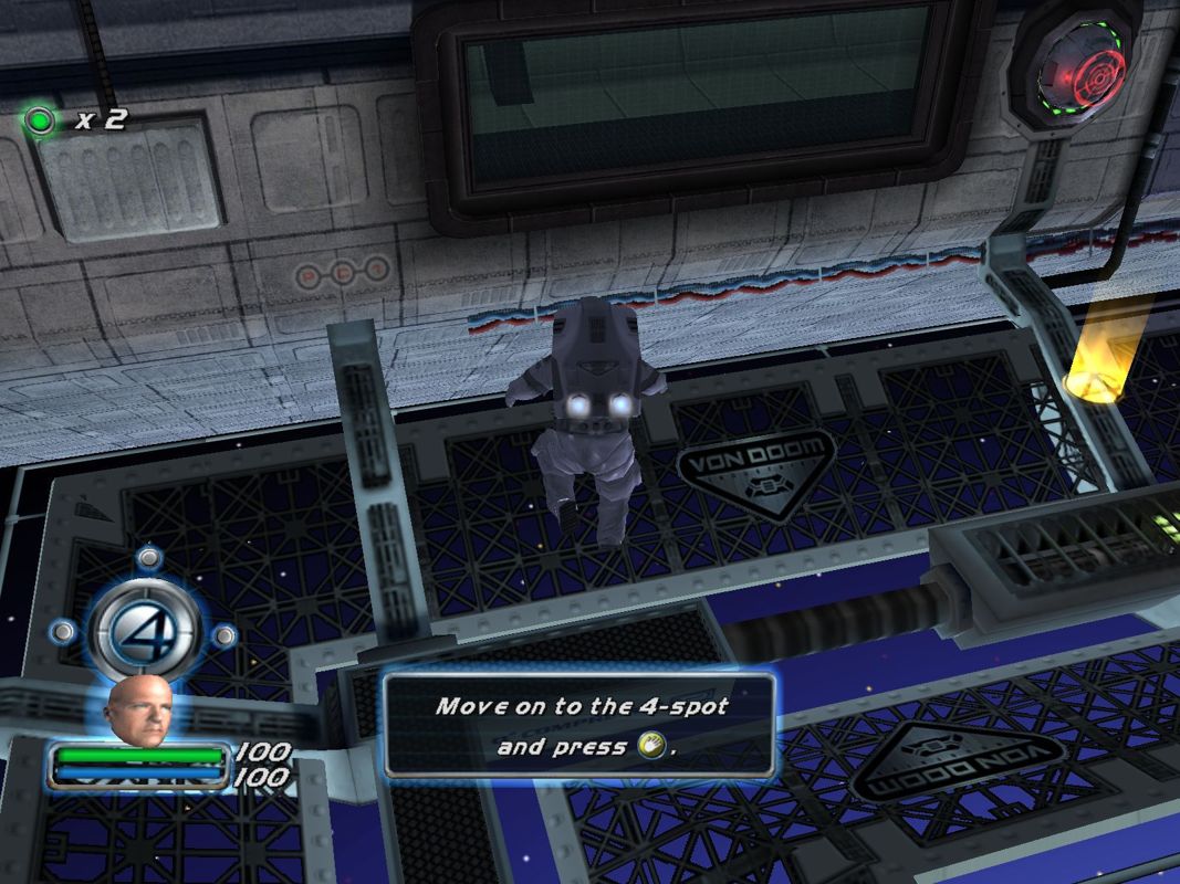 Fantastic 4 (Windows) screenshot: Each character is associated with a different colour. For this guy, who later becomes the Hulk, the colour is yellow. In this case he has to get to the yellow spot in order to turn on the shields