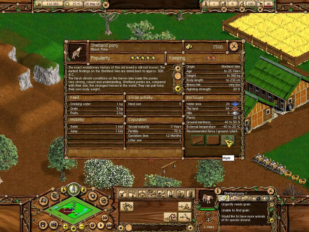 Pony Ranch (Windows) screenshot: This is the detailed information that's available on each animal