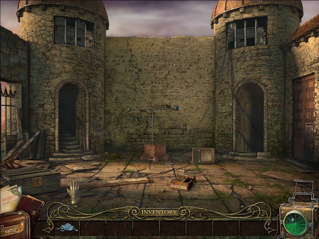 The Agency of Anomalies: Mystic Hospital (The Collector's Edition) (Windows) screenshot: The first screen of the bonus game. The object of the game is to explore and find the pieces necessary to re-assemble this machine.