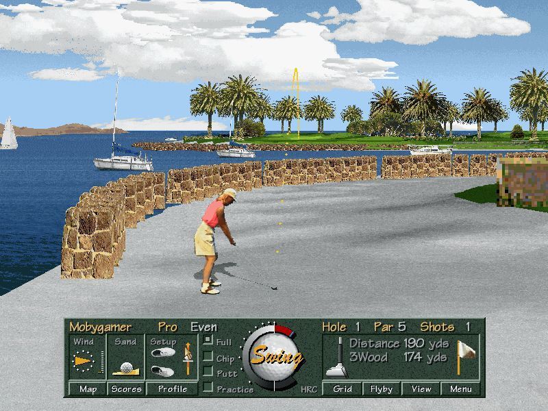 Golf Pro 2000 Downunder (DOS) screenshot: Hovering the cursor over the Profile option will show the player the ideal flight of the ball when they are a distance to the pin