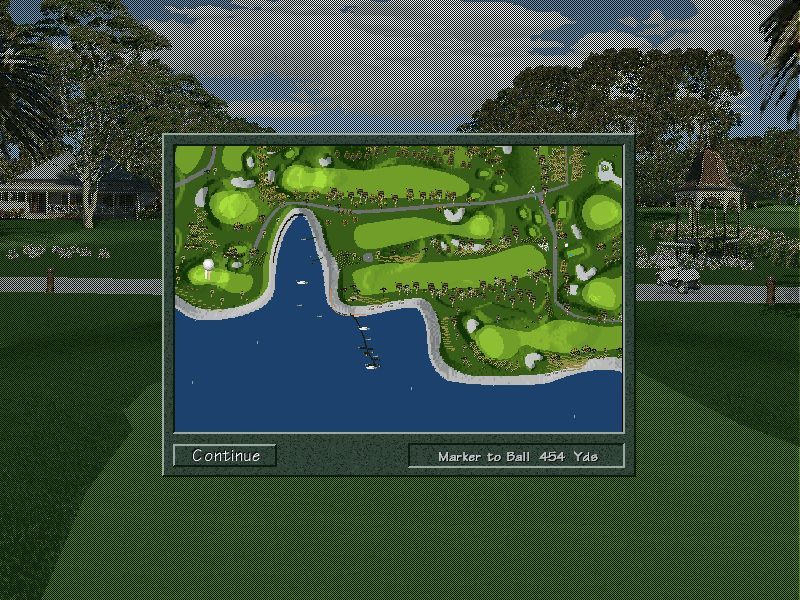 Golf Pro 2000 Downunder (DOS) screenshot: A Map view is available. Here it shows that the first hole crosses a stretch of water