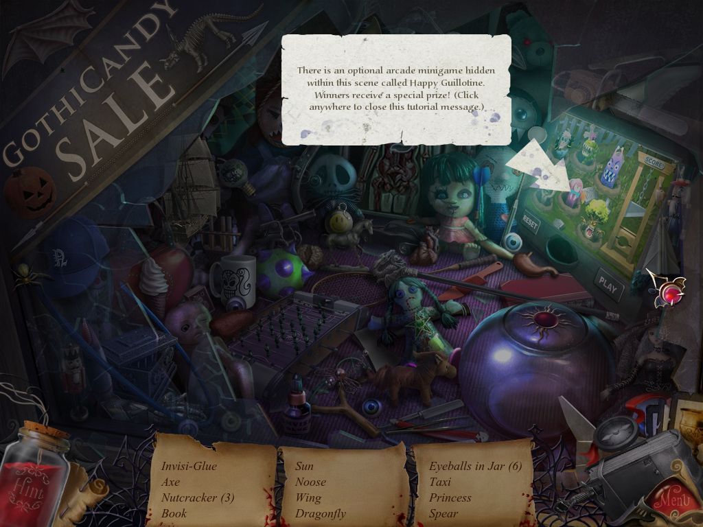 Charlaine Harris: Dying for Daylight (Windows) screenshot: This shows one of the hidden object elements and one of the small in-game tutorial messages