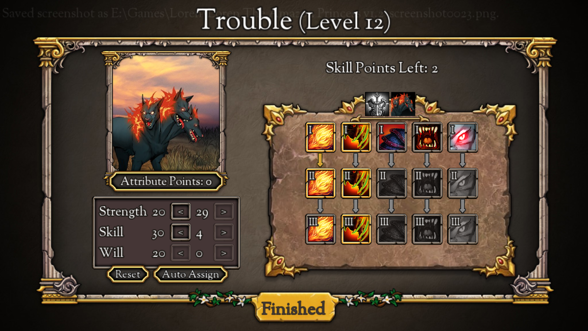 Loren: The Amazon Princess - The Castle of N'Mar (Windows) screenshot: Trouble has a nice skill tree.