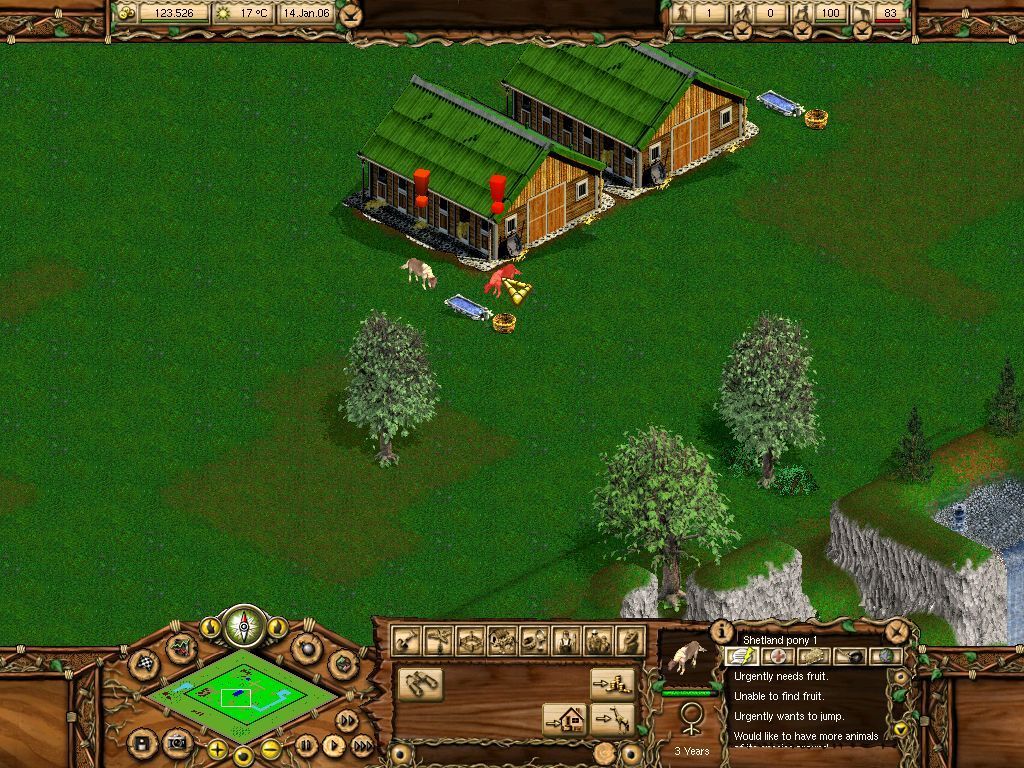 Pony Ranch (Windows) screenshot: Playing through the first mission. By clicking on an animal the player gets to see their immediate needs in the lower right window. There are three tabs there to be looked at.