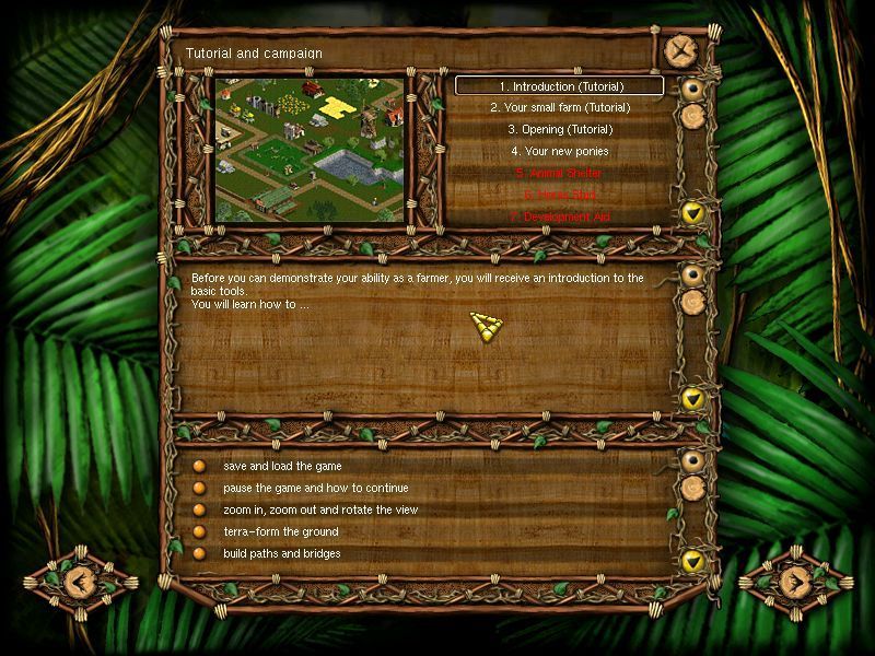Pony Ranch (Windows) screenshot: This screen takes the player through the tutorials and starts the campaign. Some missions are shown in red because thay are locked until the previous mission is completed