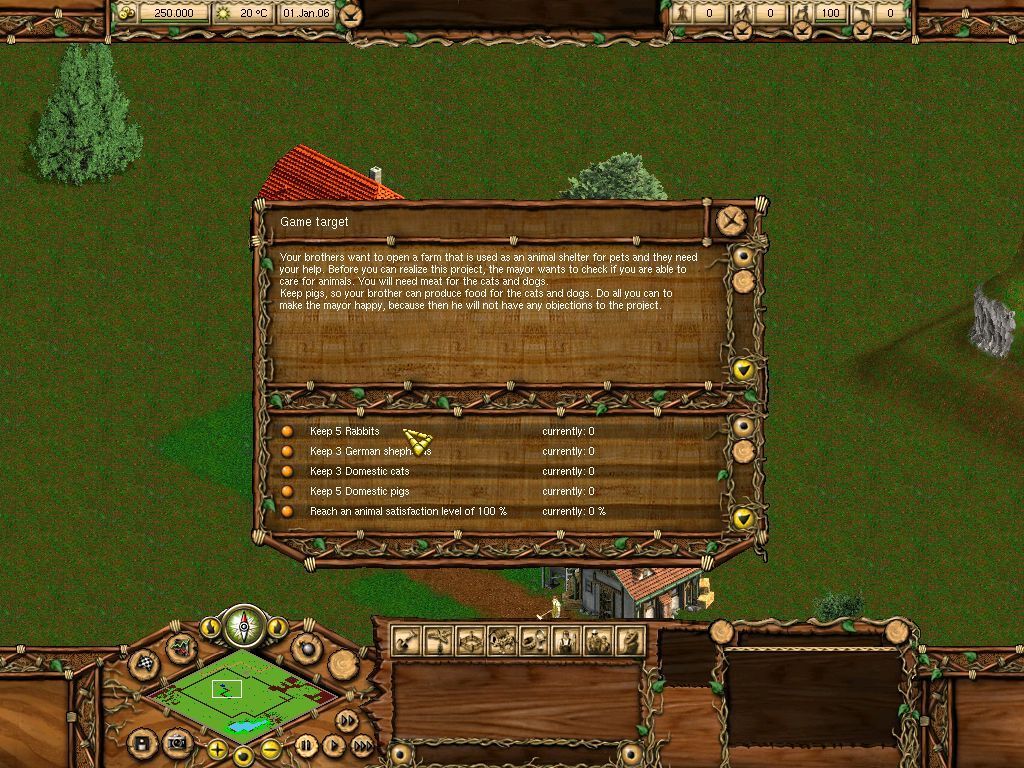 Pony Ranch (Windows) screenshot: These are the objectives of the second mission. Despite the name being 'Pony Ranch' horses are not the only animals the player has to deal with in this game