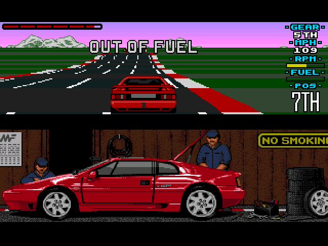 Lotus Esprit Turbo Challenge (Amiga) screenshot: Yikes, out of fuel and I was driving the final lap!