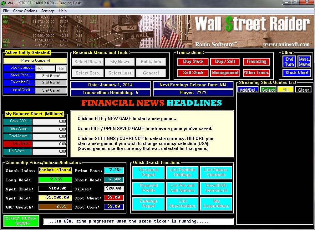 Wall $treet Raider (Windows) screenshot: Windows release, version 6.70 (2013) The game opens with the player's trading desk displaying the start a new game / continue old game option.