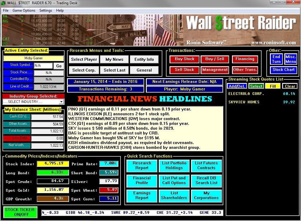 Wall $treet Raider (Windows) screenshot: Windows Shareware release, version 6.70 (2013) The teletype of earlier versions has been replaced by the news headlines in the centre of the screen. Purchases are monitored in the right hand pane.