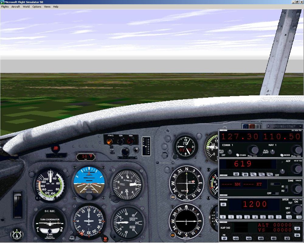 Airfield (Windows) screenshot: This shows the DHC-6-300's control panel and radio stack. It is inspired by a Grumman aircraft and is not an actual representation of a DHC panel.
