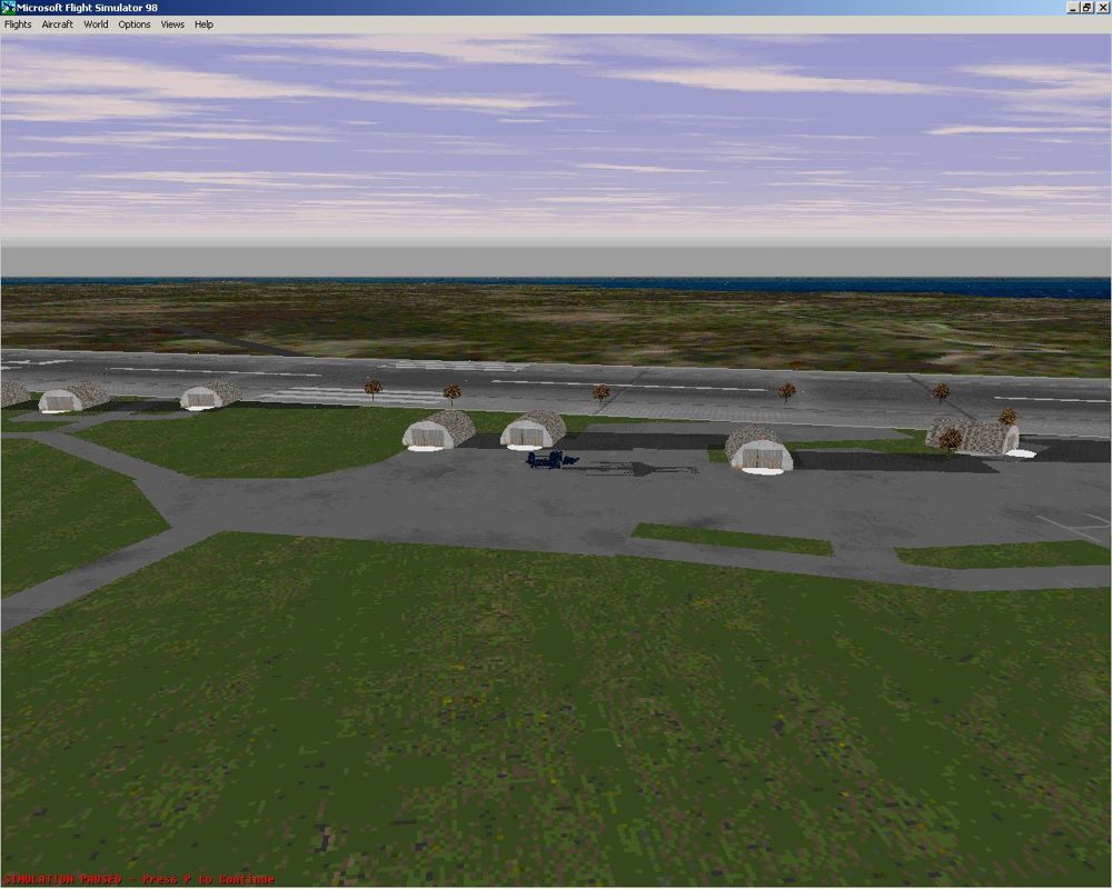 Airfield (Windows) screenshot: Not all the airfields load correctly. This is RAF Culdrose, Southern England, and while the ground installations look fine the actual airstrip floats in the air.