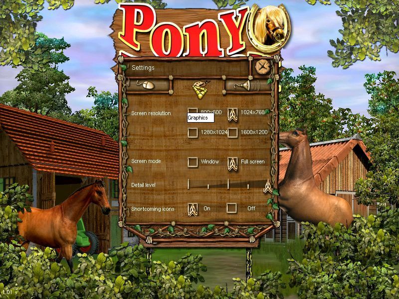 Pony Ranch (Windows) screenshot: One of the game configuration screens. Note that the game can be run in different resolutions and in either full screen or windowed mode.
