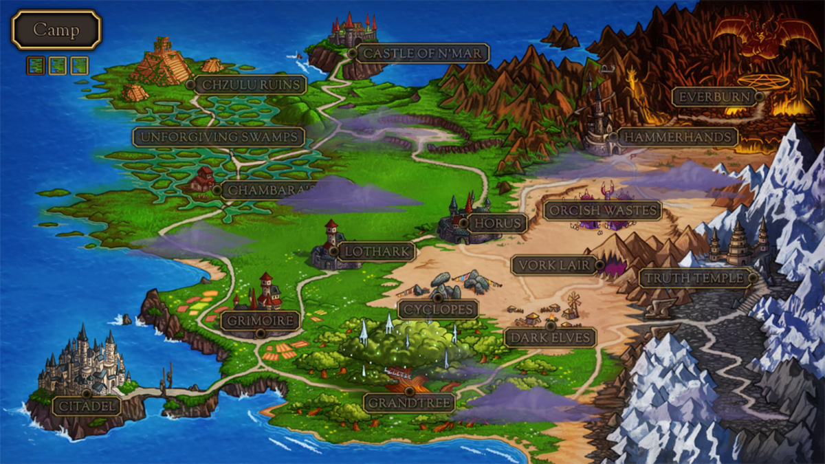 Loren: The Amazon Princess - The Castle of N'Mar (Windows) screenshot: World map with Castle N'Mar up in the north.