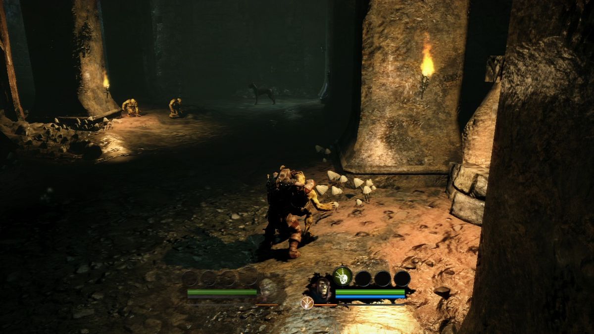 Of Orcs and Men (PlayStation 3) screenshot: Goblins can be silently assassinated, but dogs will sniff you out if you try to sneak up on them.
