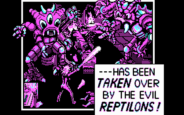 Escape from the Planet of the Robot Monsters (DOS) screenshot: opening story - CGA