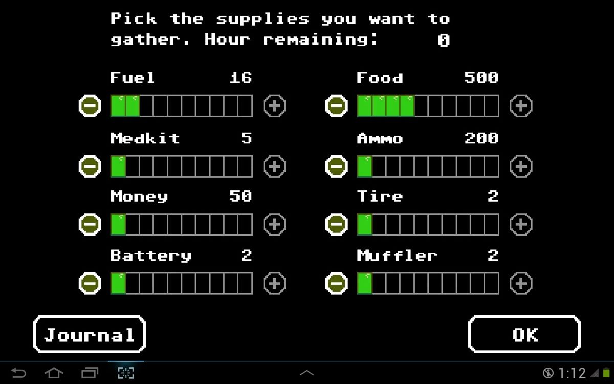 Organ Trail: Director's Cut (Android) screenshot: Choose your initial items. The lower the difficulty, the more items you can grab