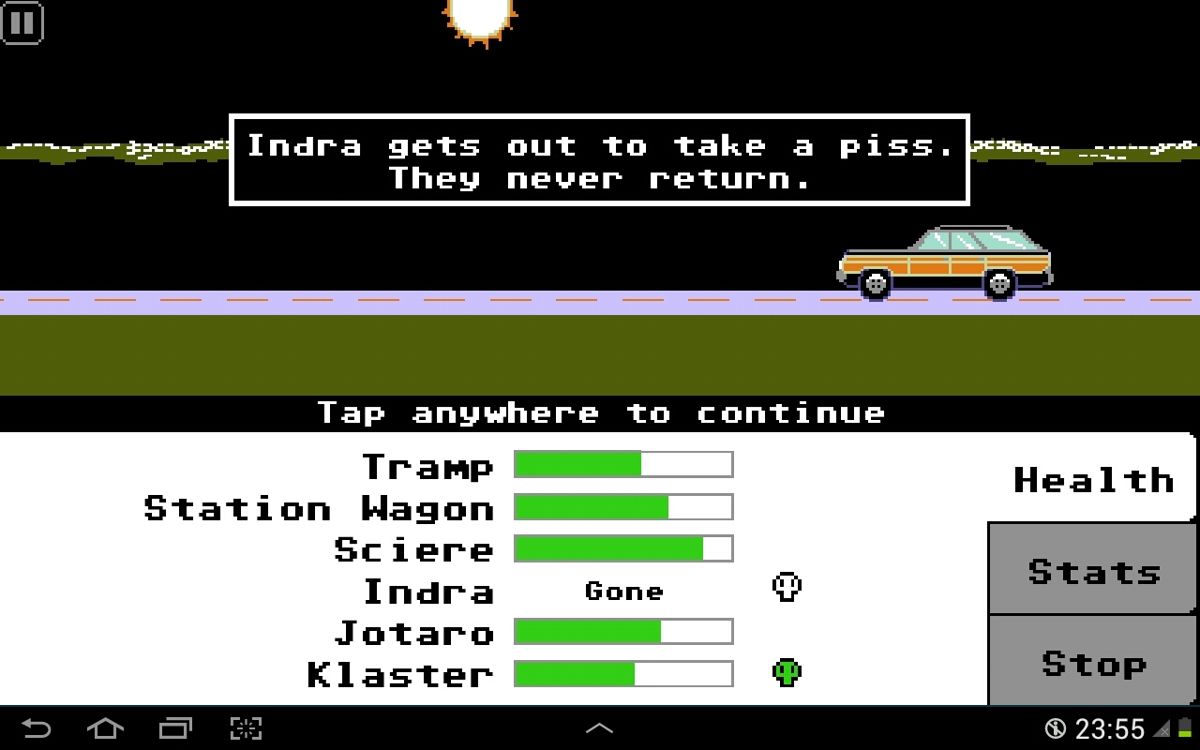 Organ Trail: Director's Cut (Android) screenshot: Traveling with MobyGames folks is fun
