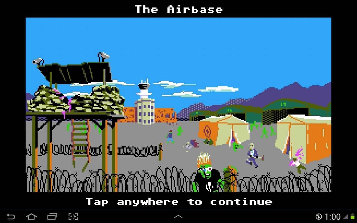 Organ Trail: Director's Cut (Android) screenshot: Zeke from <moby game="Zombies Ate My Neighbors">Zombies Ate My Neighbors</moby> makes cameo appearance in The Airbase picture