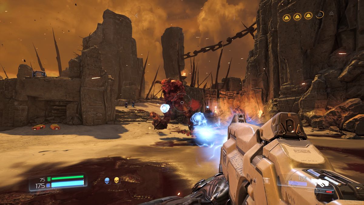 Doom (PlayStation 4) screenshot: Encountering Baron of Hell for the first time, but far from being the last