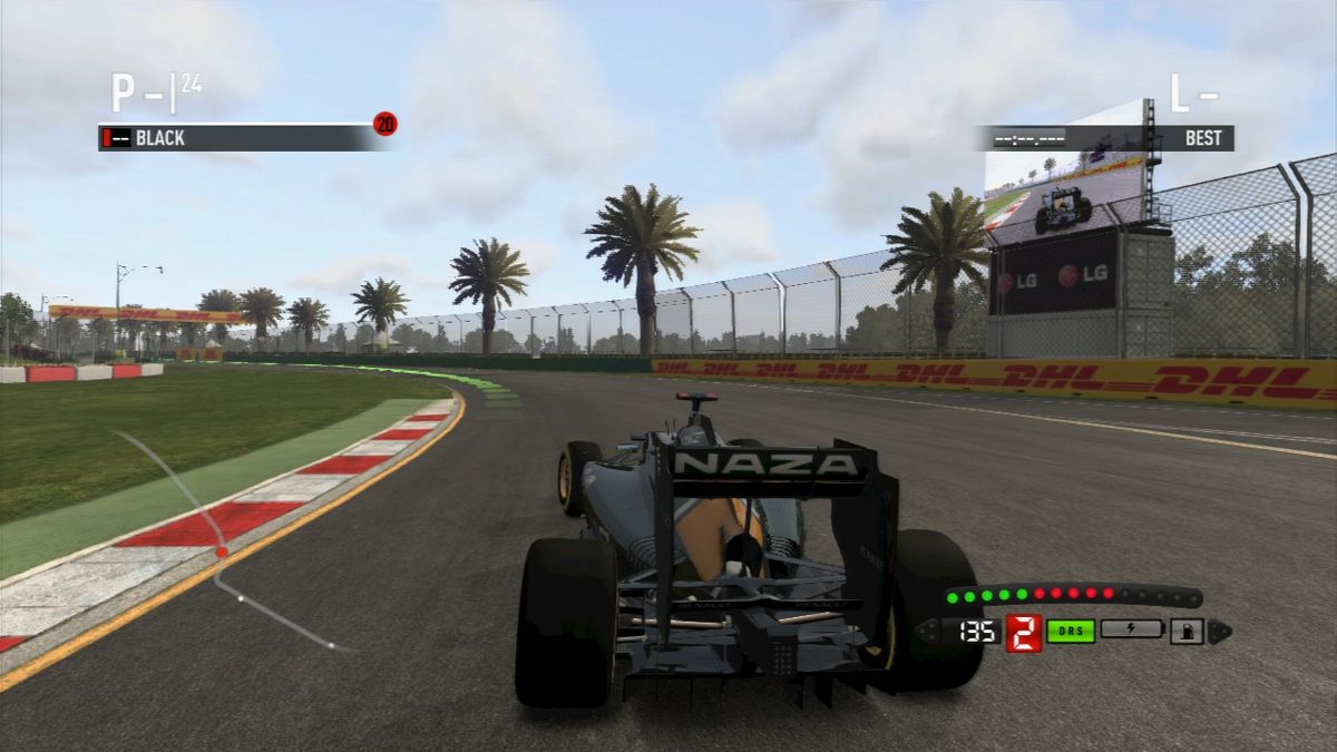 F1 2011 (PlayStation 3) screenshot: Switching to back-view camera lets you see entire car.