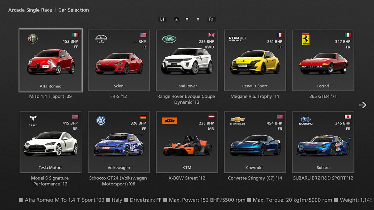Gran Turismo 6 (PlayStation 3) screenshot: Arcade Mode Car Selection