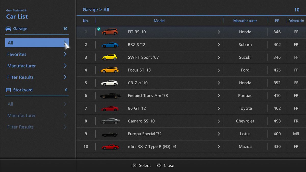 Gran Turismo 6 (PlayStation 3) screenshot: Garage Car List
