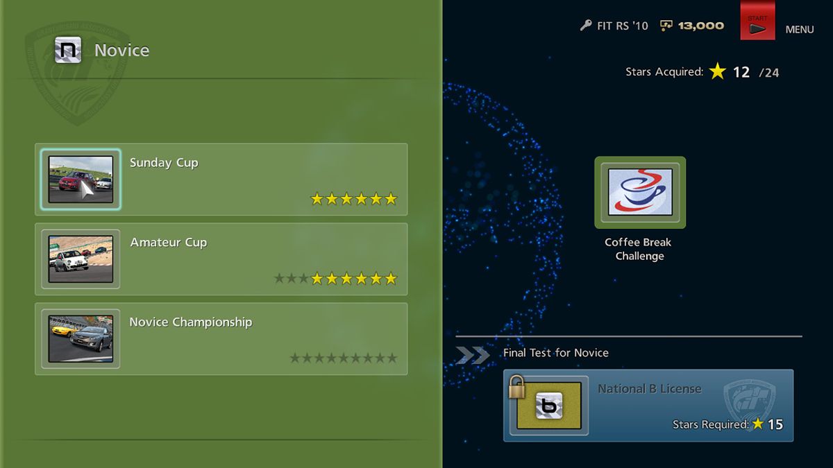 Gran Turismo 6 (PlayStation 3) screenshot: Novice Class, introducing the new Star System
