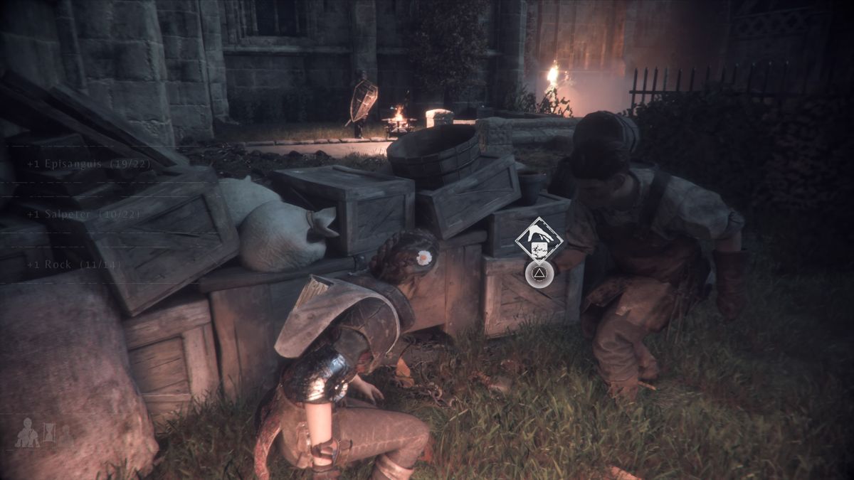 A Plague Tale: Innocence (PlayStation 4) screenshot: Rodric reaching Amicia to craft new ammo type