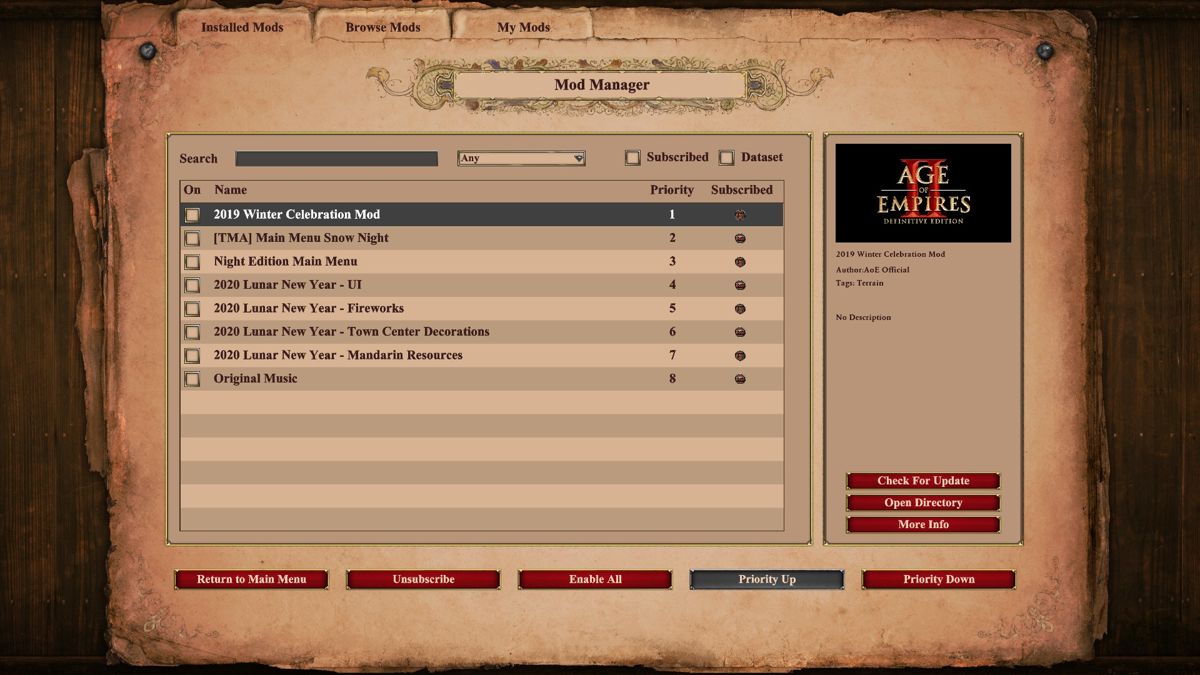 Age of Empires II: Definitive Edition (Windows) screenshot: Mods are now managed through a centralized system