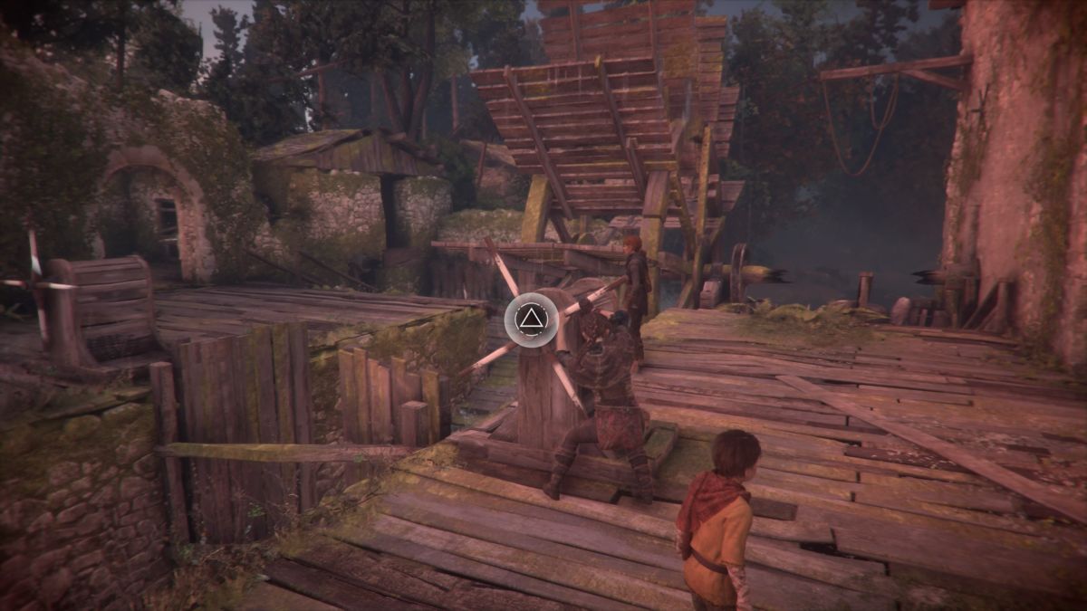 A Plague Tale: Innocence (PlayStation 4) screenshot: The windmill requires some teamwork to cross over