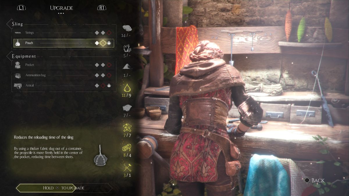 A Plague Tale: Innocence (PlayStation 4) screenshot: Workbenches are used to upgrade weapons and equipment