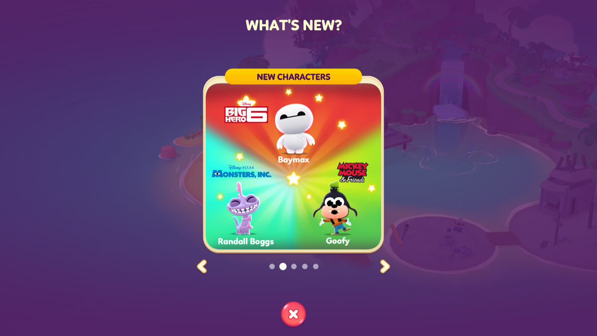 Disney Getaway Blast (Windows Apps) screenshot: An in-game pop up with new characters featuring: Baymax, Goofy and Randall. Baymax is the only one with an unknown level.