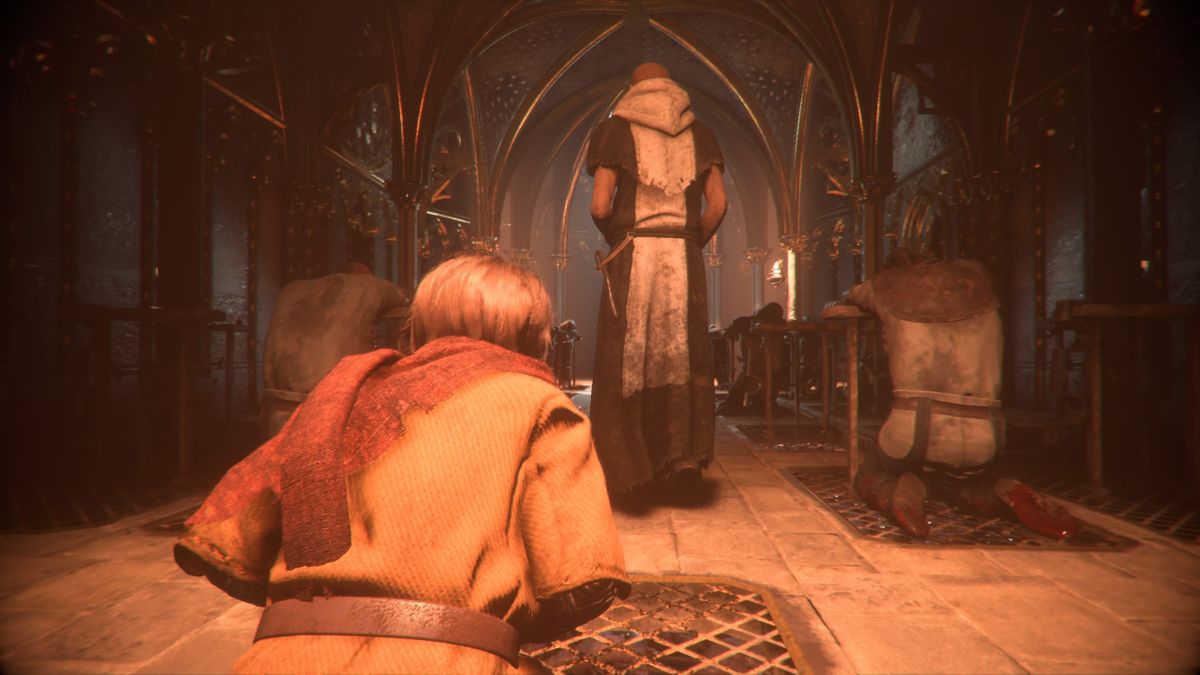 A Plague Tale: Innocence (PlayStation 4) screenshot: Hugo is apparently small enough that nobody notices him sneaking about