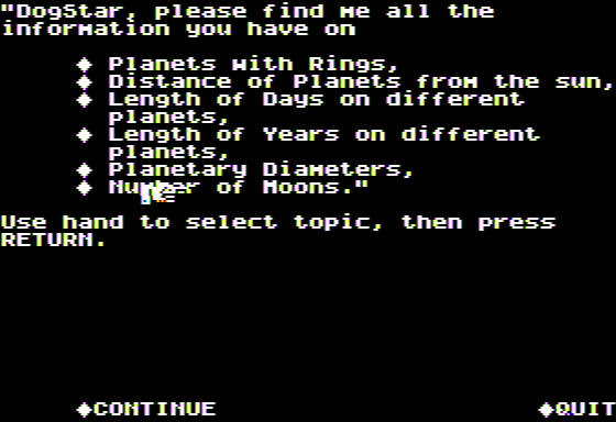Microzine #25 (Apple II) screenshot: Cosmic Heroes - Information About the Planets