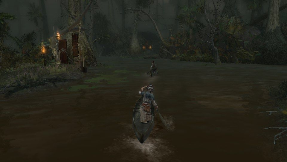 Assassin's Creed III: Liberation (PS Vita) screenshot: Taking a canoe through the murky waters at night.