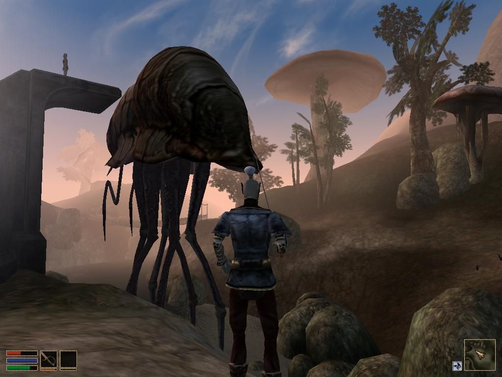 The Elder Scrolls III: Morrowind (Windows) screenshot: Whazzup. Meeting a walker while some dreamy dude on the platform is admiring giant mushrooms